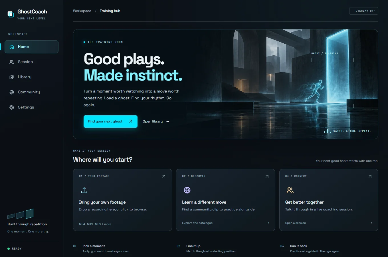 GhostCoach's desktop training hub, with options to import a recording, explore community clips, or open a coaching session.